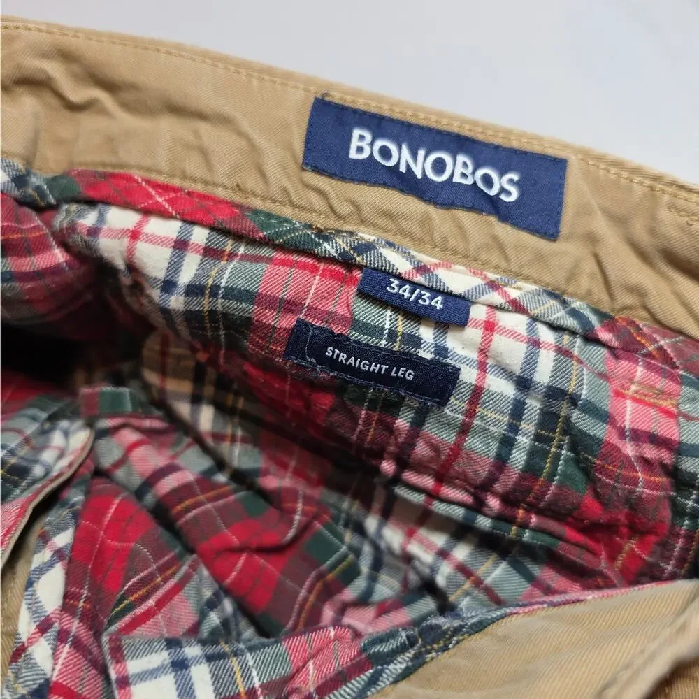 Bonobos Pants Mens 34X34 Tan Khakis Chino Stretch Flat Front Straight Full Lined